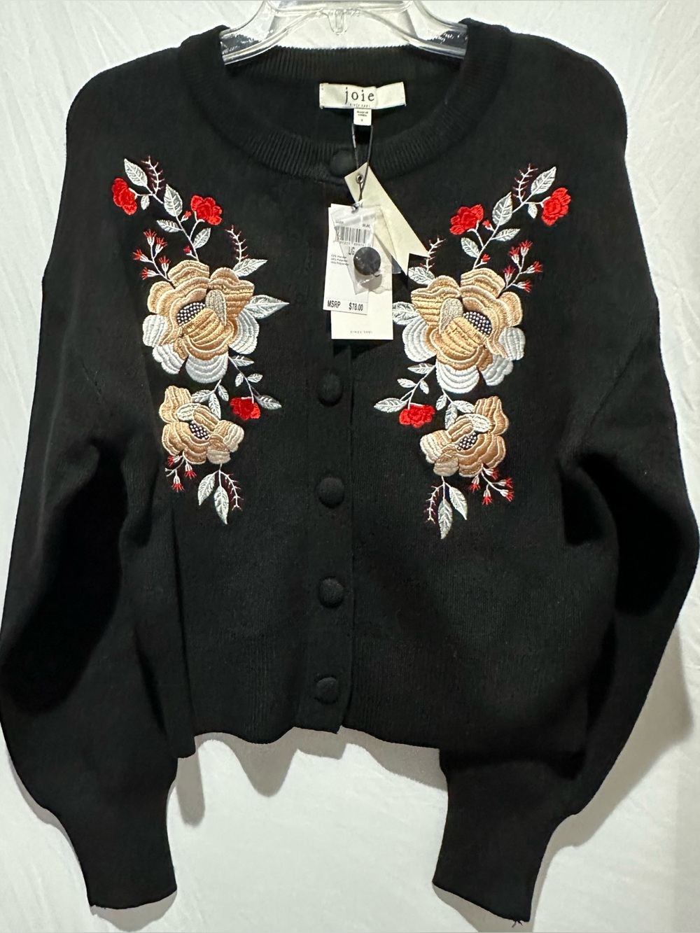 Joie Black Floral Embroidered Button-Front Cardigan / Size L